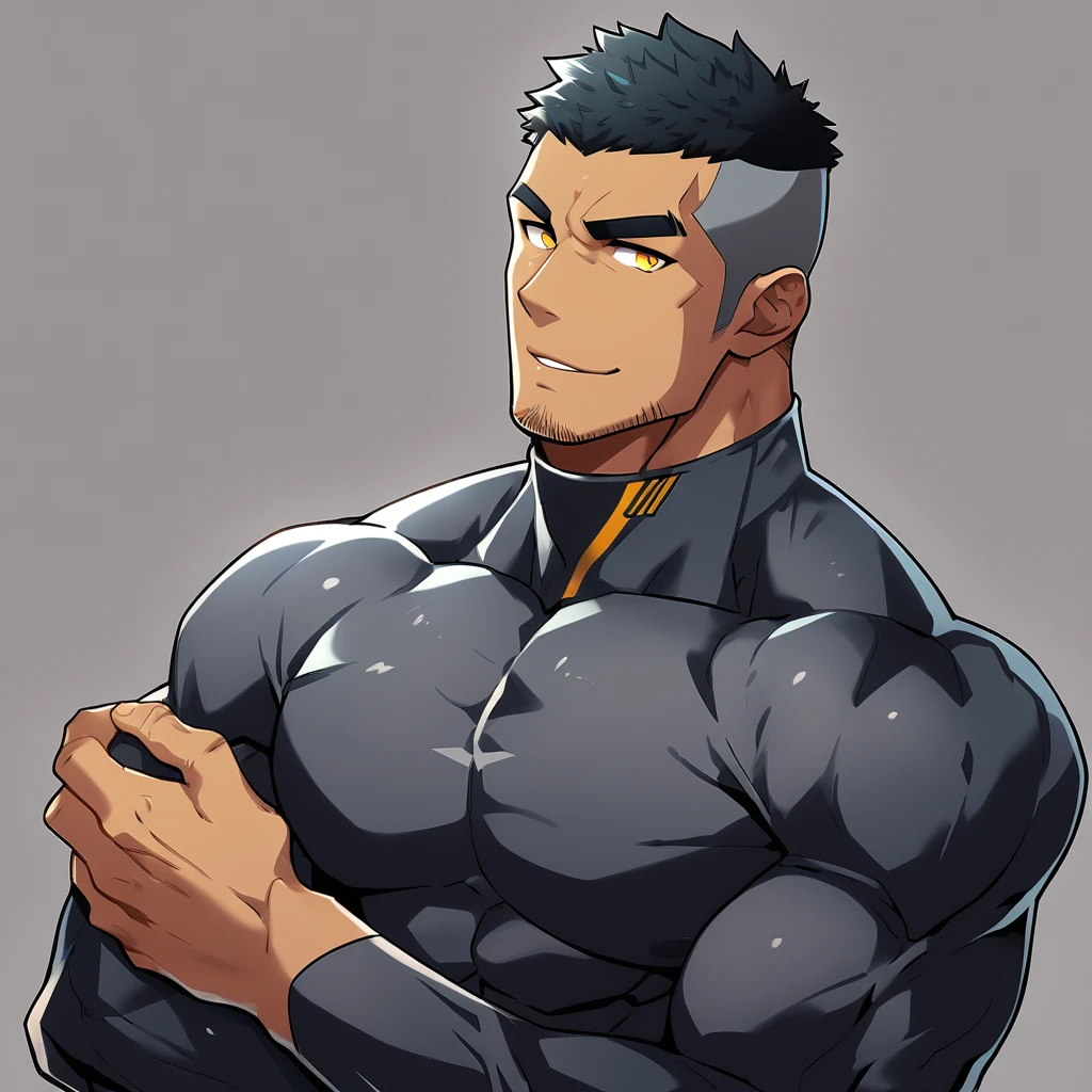 anime characters:Gyee, Muscle Sports Student, negro black skin, 1 dark skin muscular tough guy, Manliness, male focus, Dark grey high collar long sleeve wetsuit, Matte texture, Very tight, Round, full and perky chest muscles, Slightly transparent, muscular male, muscular, only, Upper body, alone, Black short hair, Thick eyebrows, stubble, Yellow eyes, Grey background, simple background, amazing quality, best aesthetics, Ridiculous, bright pupils, crew cut, parted lips, seductive smile, torogao, naughty face, best quality