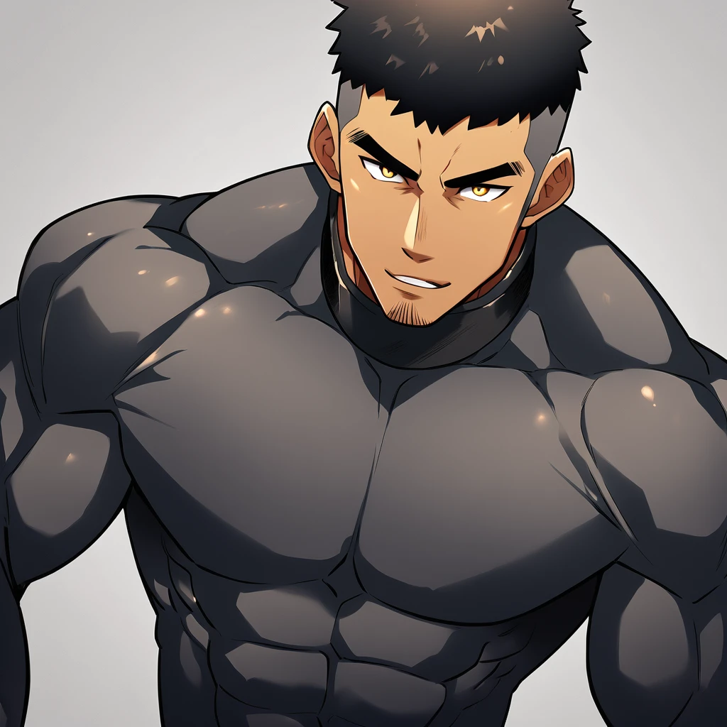 anime characters：Gyee, Muscle Sports Student, negro black skin, 1 dark skin muscular tough guy, Manliness, male focus, Dark grey high collar long sleeve wetsuit, Matte texture, Very tight, Round, full and perky chest muscles, Slightly transparent, muscular male, muscular, only, Upper body, alone, Black short hair, Thick eyebrows, stubble, Yellow eyes, Grey background, simple background, amazing quality, best aesthetics, Ridiculous, bright pupils, crew cut, parted lips, seductive smile, torogao, naughty face,  best quality