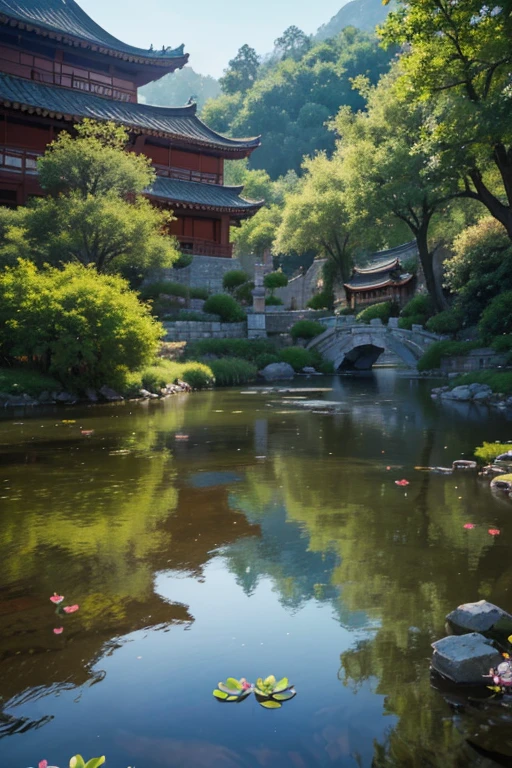 A beautiful detailed peach blossom garden in ancient China, lush peach trees in full bloom, intricate stone bridges, serene ponds with lotus flowers, exquisite traditional Chinese architecture, ancient scholars strolling through the garden, (best quality,4k,8k,highres,masterpiece:1.2),ultra-detailed,(realistic,photorealistic,photo-realistic:1.37),HDR,UHD,studio lighting,ultra-fine painting,sharp focus,physically-based rendering,extreme detail description,professional,vivid colors,bokeh,landscape,intricate details,cinematic lighting,warm color palette
