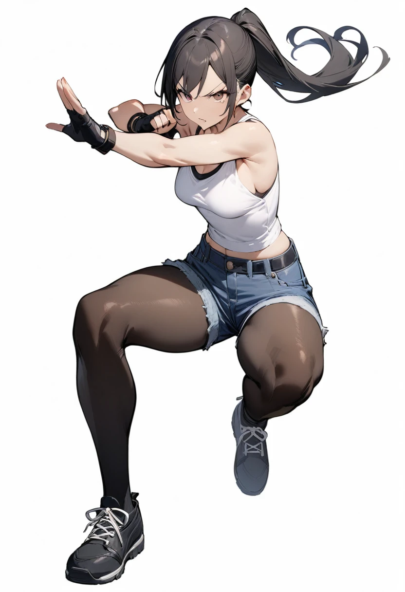 ((Highest quality)), ((masterpiece)), (detailed),full body ,slender. ((Rin々Policewoman)) small breasts ponytail Denim shorts White tank top Mature Woman Black Fingerless Gloves V-shaped eyebrows Combat Stance