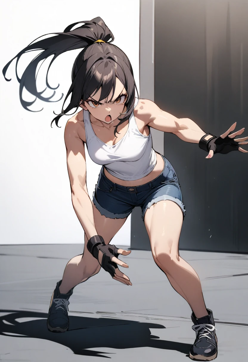 ((Highest quality)), ((masterpiece)), (detailed),full body ,slender. ((Rin々Policewoman))　small breasts　ponytail　Denim shorts　White tank top　Mature Woman Black Fingerless Gloves　V-shaped eyebrows　Combat Stance　