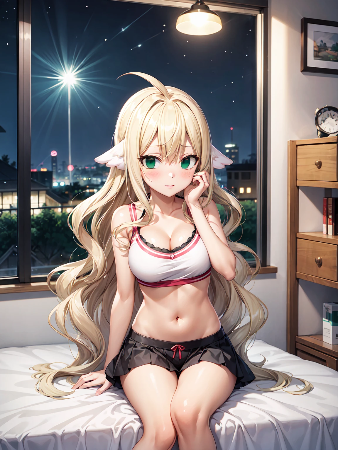 Masterpiece ,best quality , high resolution , (1 girl solo:1.38) , (mavis, long hair, blonde hair, (green eyes:1.5), ahoge, wavy hair) , (cleavage:1.2) , (medium breast:1.28) , (wear baseball hat , belly , navel , sport top , sport short , stockings ) , (cleavage:1.15) , (big breast:1.1) , (face view ,  look at view ) , (indoor , in house , windows , night , lamp , bedroom) , (sitting on bed:1.2  ) , ( full face blush , shy )