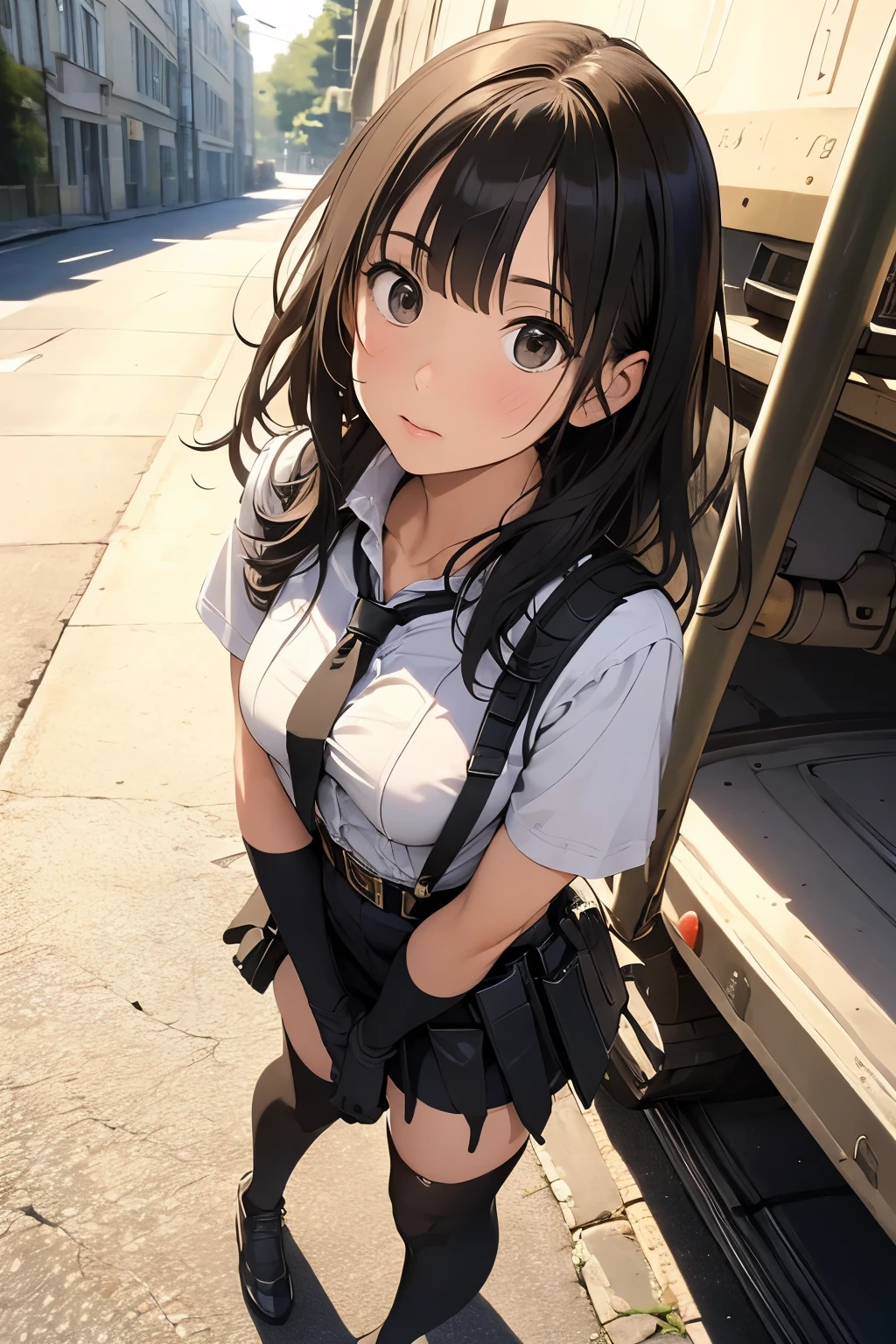 high quality, masterpiece, Ultra-high resolution, (realism: 1.4), Oil painting style, Cinema Lighting, , I stood on the empty asphalt road and looked at it., And the suspenders with the cranes flying Large Breasts Small face holster Lying in bed Looking up Sweat belt summer 脇Sweat Black Hole Gloves suit mini skirt garterbelt Leg Links ズボンにbelt holster Hands behind your back Anxious expression Looking up Anxious face Knee-high Knee socks Knee-highソックス garterbelt garter