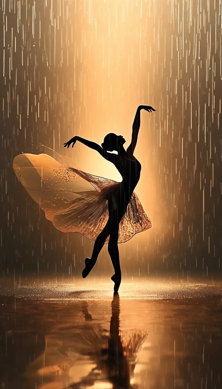 The silhouette of a ballet dancer gradually formed by the rain， 红色background, Digital Art Style, Simple lines，Silhouette of a ballet dancer dancing beautifully from above, 暴雨 dancing with the light Simple lines, Silhouette Art, background, illustration, 暴雨background, cartoon, 纯色background, texture, lotus, Warm atmosphere, Mysterious feeling, Dancing in the heavy rain, A style that displays waterspouts and light，Double Exposure，reflection
