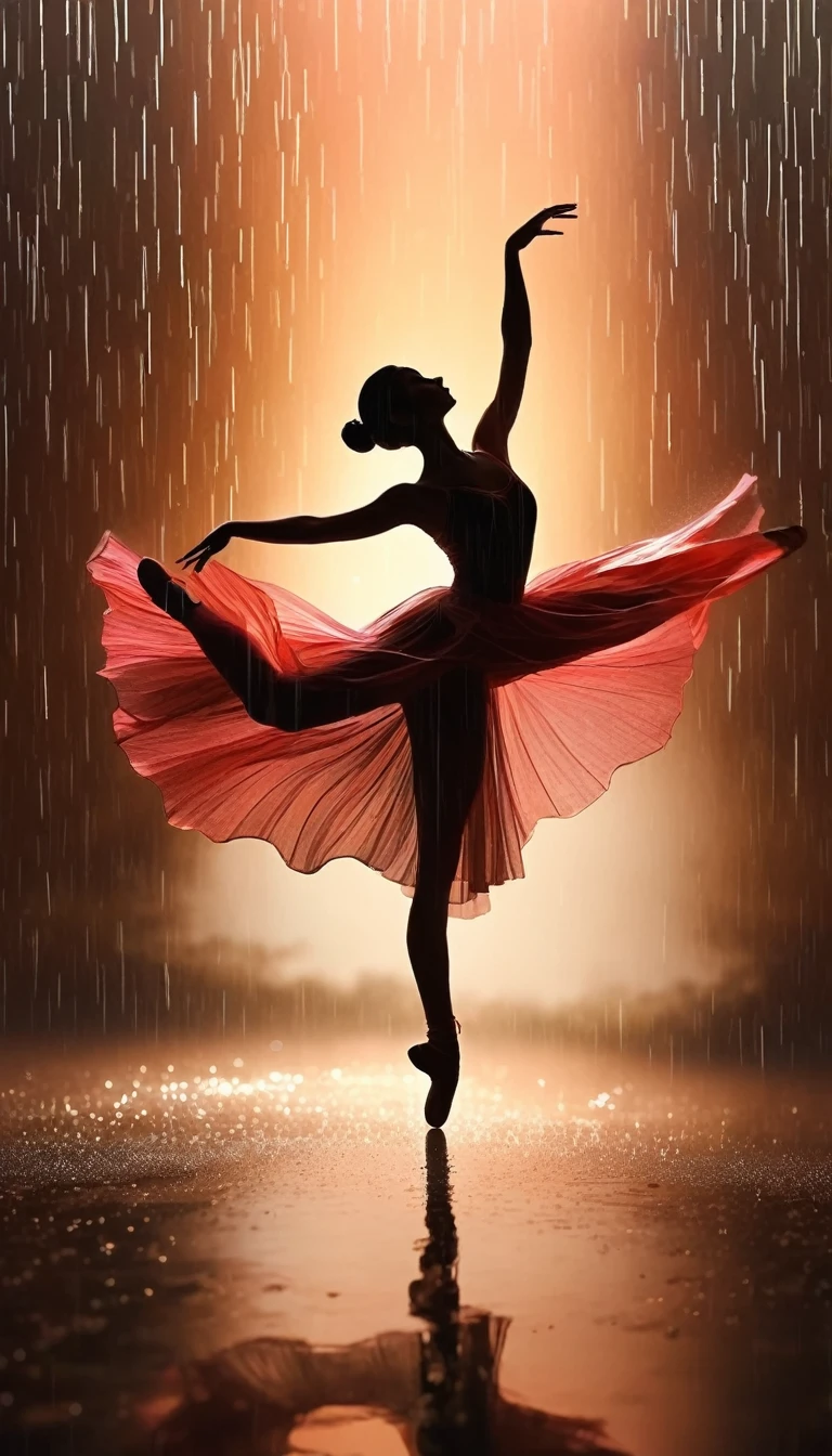 The silhouette of a ballet dancer gradually formed by the rain， 红色background, Digital Art Style, Simple lines，Silhouette of a ballet dancer dancing beautifully from above, 暴雨 dancing with the light Simple lines, Silhouette Art, background, illustration, 暴雨background, cartoon, 纯色background, texture, lotus, Warm atmosphere, Mysterious feeling, Dancing in the heavy rain, A style that displays waterspouts and light，Double Exposure，reflection