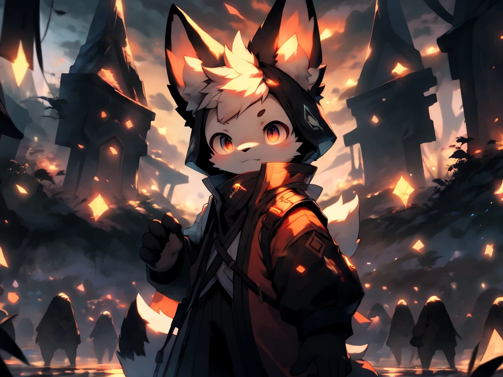 Generate a high-resolution desktop wallpaper with a fantasy forest scene at sunset, featuring a cute kemono character with animal ears and vibrant colors. Include detailed backgrounds with realistic lighting and a dynamic pose for the character