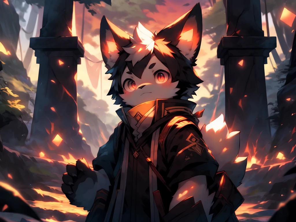 Generate a high-resolution desktop wallpaper with a fantasy forest scene at sunset, featuring a cute kemono character with animal ears and vibrant colors. Include detailed backgrounds with realistic lighting and a dynamic pose for the character