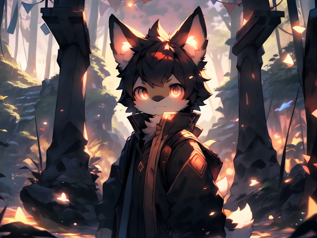 Generate a high-resolution desktop wallpaper with a fantasy forest scene at sunset, featuring a cute kemono character with animal ears and vibrant colors. Include detailed backgrounds with realistic lighting and a dynamic pose for the character