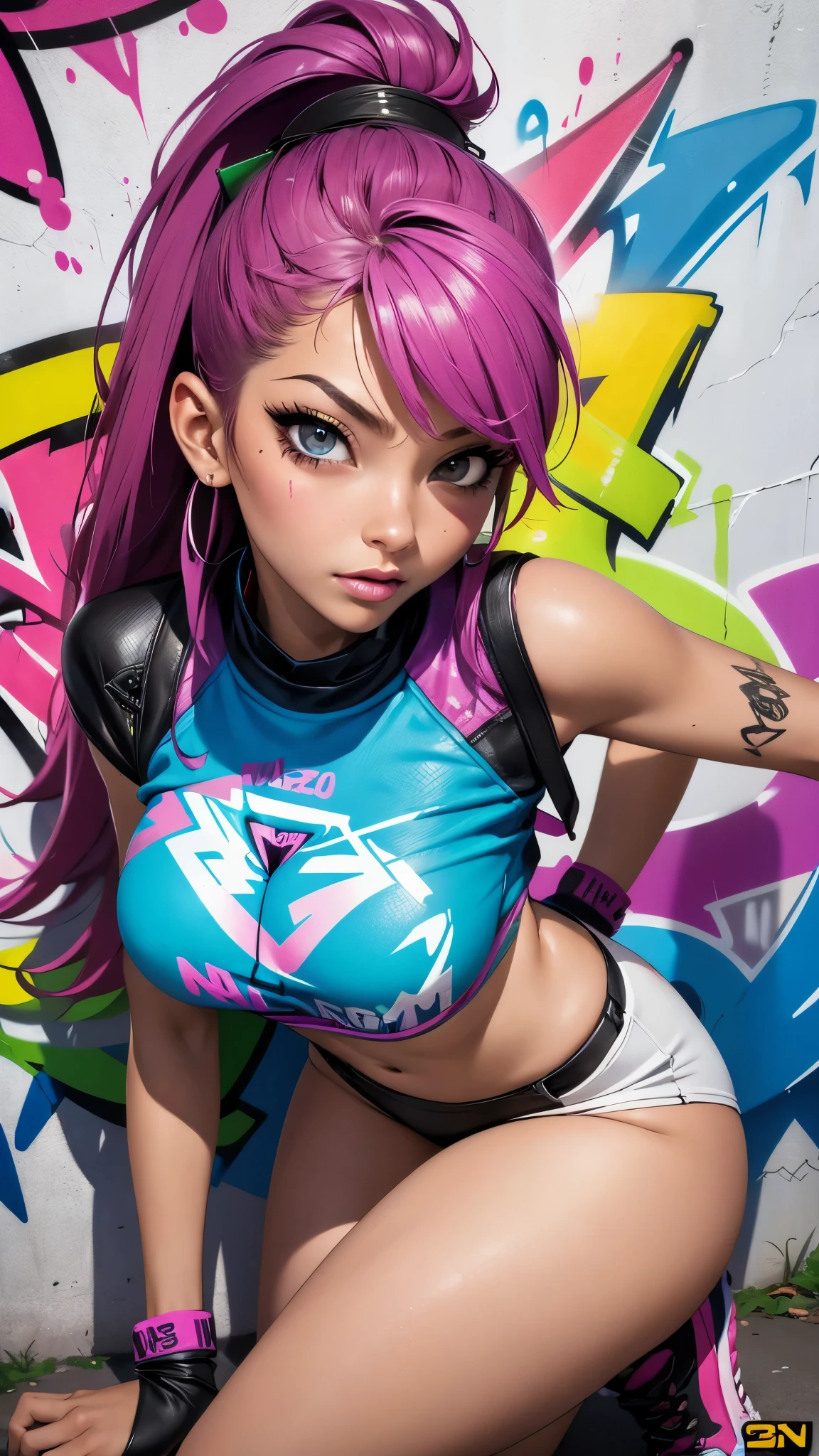 (best quality), (high detail), (vivid colors), (graffiti style), (freestyle), (Close up), (1girl), sexy female graffiti artist, spraying graffiti on a wall painted with street art, HDR, 4K, 3D, graffiti art style.