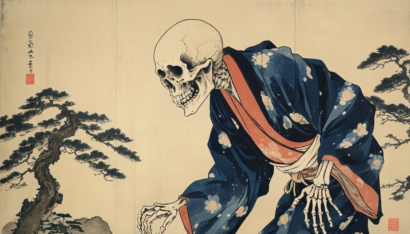 (((Katsushika Hokusai))), ((Skeleton in Kimono)), Horror elements