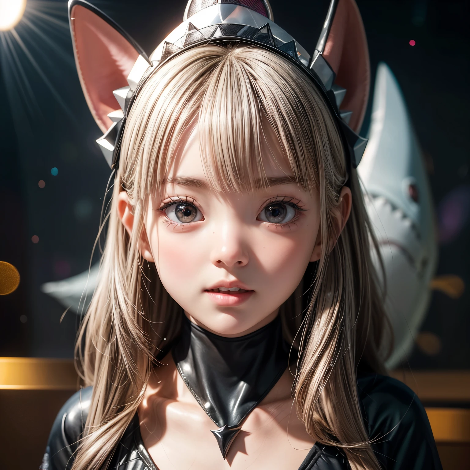 ((stuffed Shark head cap, Skinny BodySuit)), 8k, High-level, absurd, masterpiece, best quality, primitive, very detailed CG, very detailed wallpaper, perfect lighting, Extremely detailed ((( personifying " Shark" as a ))), MysticSight, Tyndall effect, Tyndall scattering, (Studio gray background with (Overflowing oodles Dazzling RainbowColorParticles (BokeH))), (RoundlyButts, ThighGap), (Exposed:0.4), (Assfocus with looking ahead) BREAK (Acutance:0.88), (NOGIZAKA face variations) Extremely Detailed very KAWAII face variations, perfect anatomy, Childish, CaptivatingGaze ElaboratePupils detailed Eyes with (sparkling highlights:1.28), (Voluminous LongEyelashes:0.88)、GlossyRED Lips with beautiful details, RosyCheeks, Radiant PearlSkin with Transparency . { (Dynamic LifeLike expressions:1.4) | (:d) }, (large eyes:-1) .