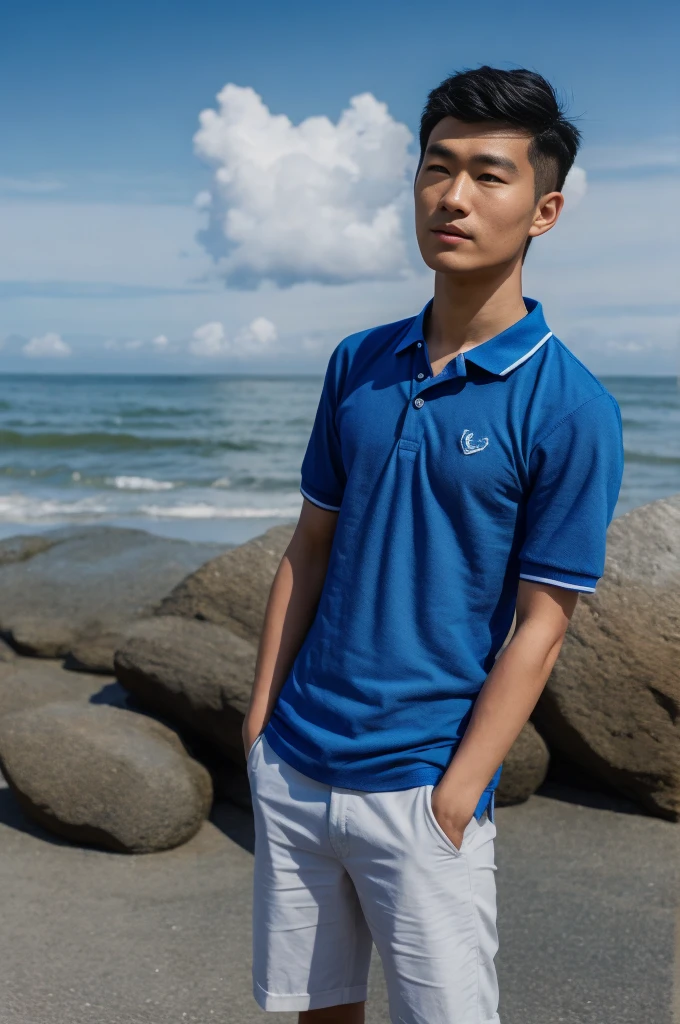 young asian man in a blue polo shirt , seaside beach sunshine looking at the sea