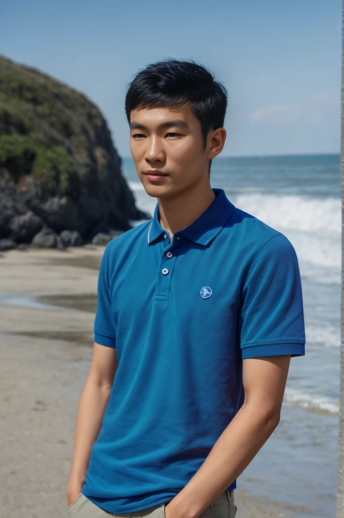 young asian man in a blue polo shirt , seaside beach sunshine looking at the sea
