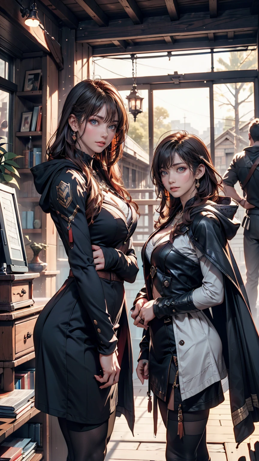 Two women walking in the desert near a large rock, Unreal Engine 5 Showcase, Anamorphic 24mm Lens, Inspired by Sanford Robinson Gifford, Gameplay screenshots, Music video stills, Sylvain Sarayl and Igor Morski, interior Gameplay screenshots, 2019, TV Screenshot、Wear a cape and hood to avoid the strong sunlight、Cover your face with a cloth to protect from dust
