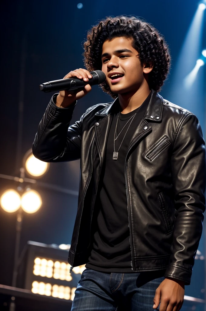 Handsome 18-year-old Nicaraguan young man without hair, curly hair, little eyes singing with leather jacket 