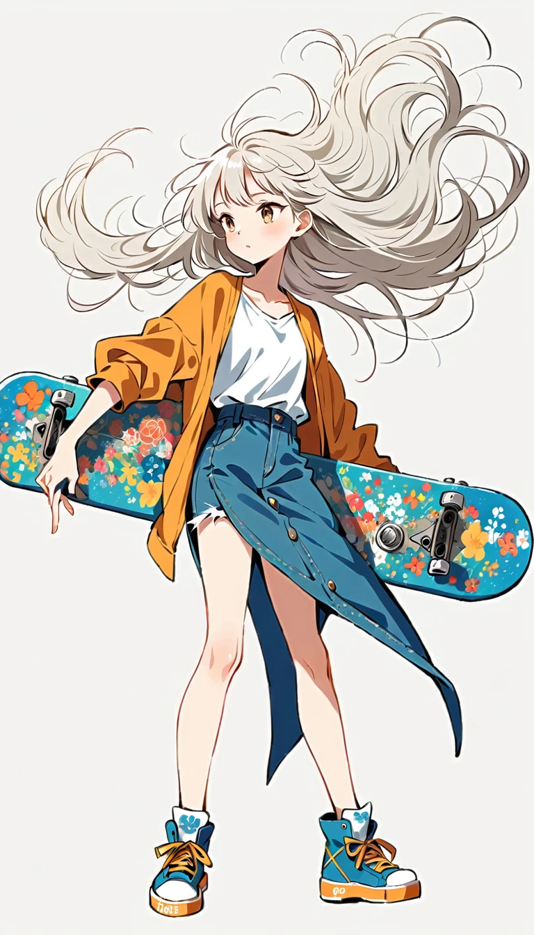 Fujichoco style, skateboard, long hair, white hair, full body, simple windy background，Simple line initialism, (((The Most Beautiful Girl))),