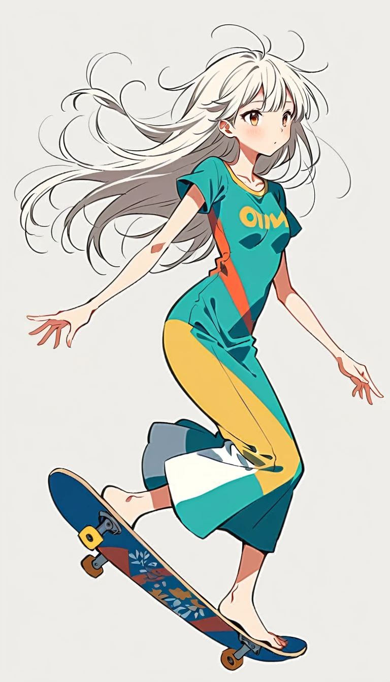 Fujichoco style, skateboard, long hair, white hair, full body, simple windy background,Simple line initialism, (((The Most Beautiful Girl))),