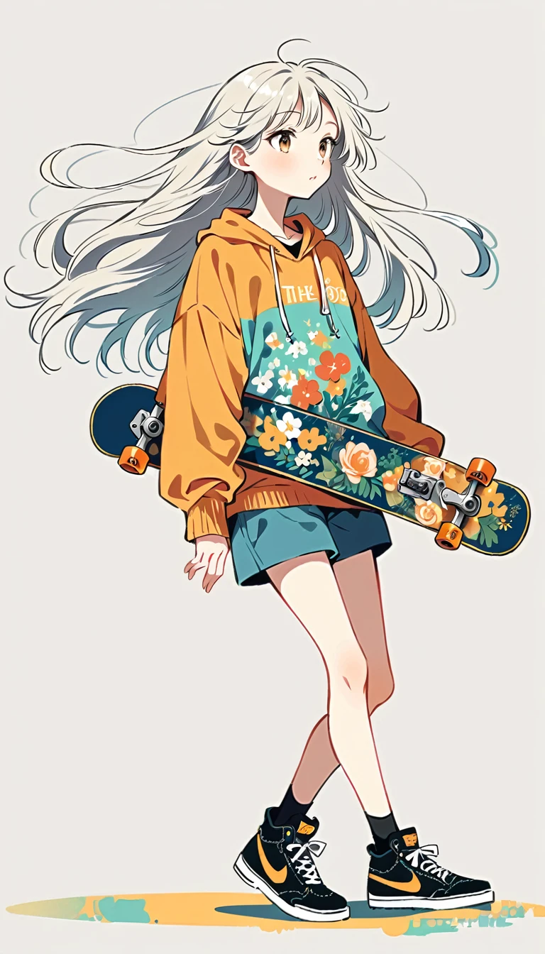 Fujichoco style, skateboard, long hair, white hair, full body, simple windy background,Simple line initialism, (((The Most Beautiful Girl))),