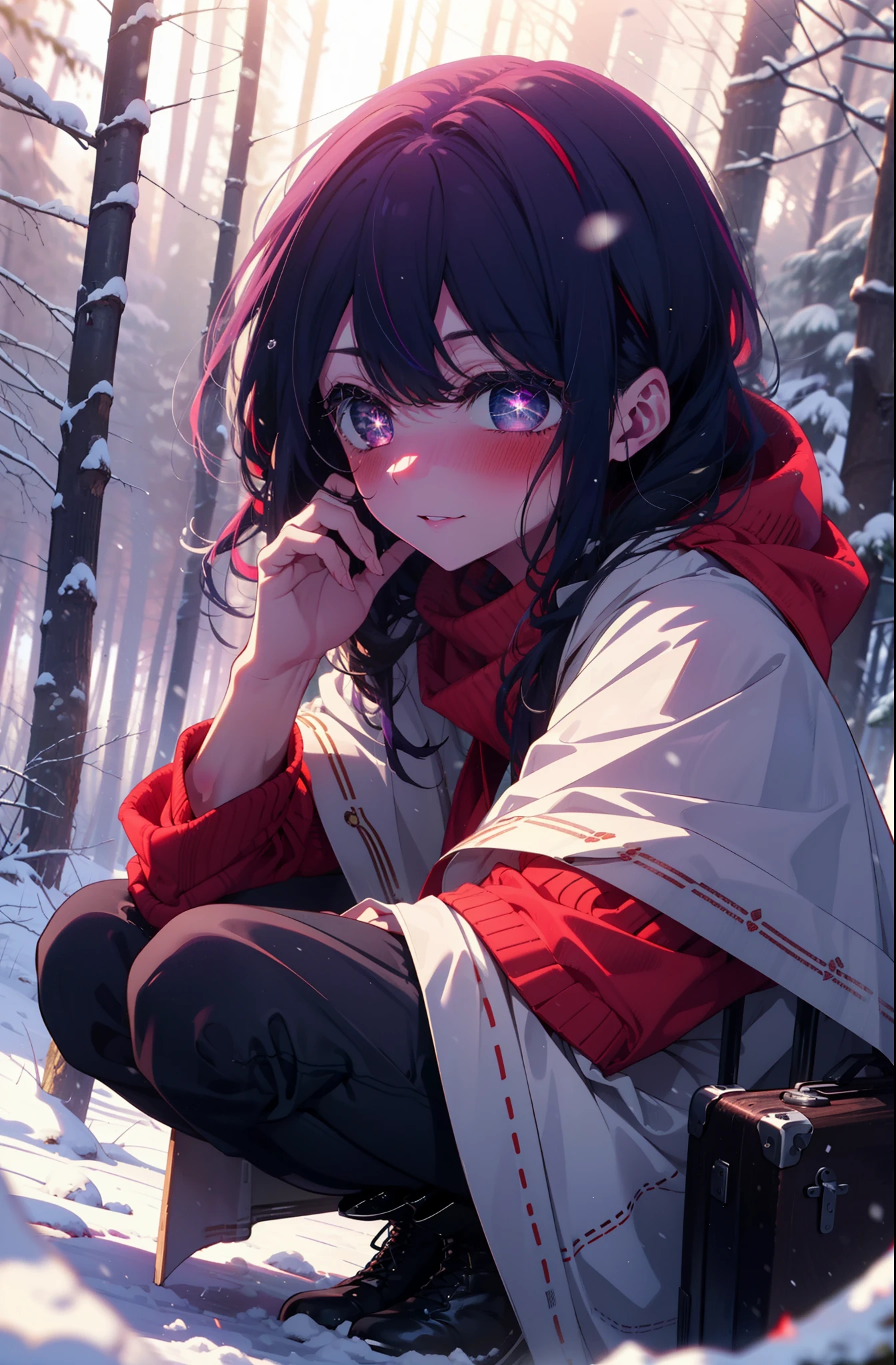 aihoshino, Ai Hoshino, Long Hair, bangs, (Purple eyes:1.1), Purple Hair, (Symbol-shaped pupil:1.5), smile,,smile,blush,White Breath,
Open your mouth,snow,Ground bonfire, Outdoor, boots, snowing, From the side, wood, suitcase, Cape, Blurred, , forest, White handbag, nature, Squat, Mouth closed, Cape, winter, Written boundary depth, Black shoes, red Cape break looking at viewer, Upper Body, whole body, break Outdoor, forest, nature, break (masterpiece:1.2), Highest quality, High resolution, unity 8k wallpaper, (shape:0.8), (Beautiful and beautiful eyes:1.6), Highly detailed face, Perfect lighting, Highly detailed CG, (Perfect hands, Perfect Anatomy),