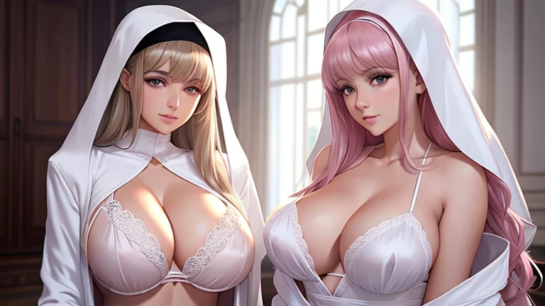 a beautiful 2 young woman wearing a white robe, 1 girl close to other girl breasts , lite pink bra, Lingerie pose, wearing white silk hood,beautiful jewish woman, wearing white silk, wearing a white robe, wearing long white robe, wearing a luxurious silk robe, stunning woman,beautiful model girl,sofya emelenko, wearing silver silk robe , cleavage , large breasts