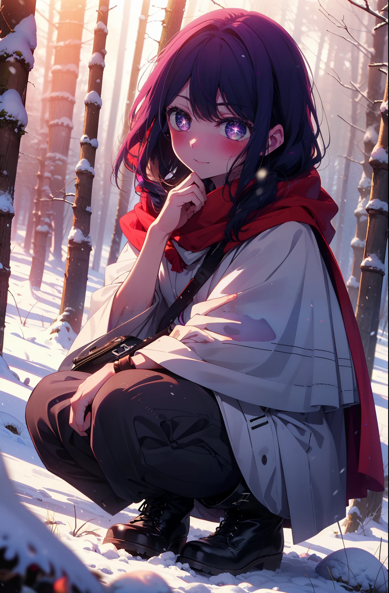 aihoshino, Ai Hoshino, Long Hair, bangs, (Purple eyes:1.1), Purple Hair, (Symbol-shaped pupil:1.5), smile,,smile,blush,White Breath,
Open your mouth,snow,Ground bonfire, Outdoor, boots, snowing, From the side, wood, suitcase, Cape, Blurred, , forest, White handbag, nature,  Squat, Mouth closed, Cape, winter, Written boundary depth, Black shoes, red Cape break looking at viewer, Upper Body, whole body, break Outdoor, forest, nature, break (masterpiece:1.2), Highest quality, High resolution, unity 8k wallpaper, (shape:0.8), (Beautiful and beautiful eyes:1.6), Highly detailed face, Perfect lighting, Highly detailed CG, (Perfect hands, Perfect Anatomy),