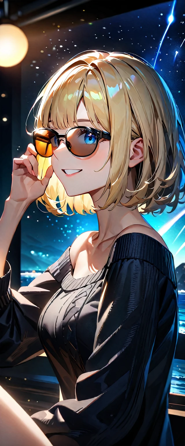 (((countless stars twinkling in the clear air, A meteor shower dancing in the night sky, countless stars twinkling in the clear air))), ((bare legs)), (((sunglasses, hand to sunglasses))), (Aran sweater), ((((from side)))), upper body, ((sitting on the very high cliff)), wavy hair, inward curled hair, sea, beach, ((blond hair, bob cut:1.3)), breasts, teenager, (looking at viewer), oversized clothes, puffy long sleeves, ((off-shoulder sweater:1.3, Quite thick shoulder straps)), ((black sweater)), collarbone, head tilt:1.3, (((blue eyes))), happy smile, (((anime style))), (best quality, 4K, 8K, highres, masterpiece:1.2, ultra-detailed, ultra-detailed eyes, HDR, uhd, studio lighting, ultra-fine painting, sharp focus, physically-based rendering, extreme detail description, professional, vivid colors, bokeh)
