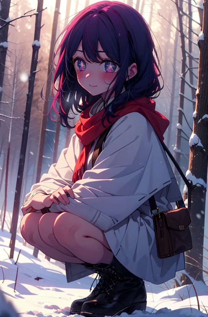 aihoshino, Ai Hoshino, Long Hair, bangs, (Purple eyes:1.1), Purple Hair, (Symbol-shaped pupil:1.5), smile,,smile,blush,White Breath,
Open your mouth,snow,Ground bonfire, Outdoor, boots, snowing, From the side, wood, suitcase, Cape, Blurred, , forest, White handbag, nature,  Squat, Mouth closed, Cape, winter, Written boundary depth, Black shoes, red Cape break looking at viewer, Upper Body, whole body, break Outdoor, forest, nature, break (masterpiece:1.2), Highest quality, High resolution, unity 8k wallpaper, (shape:0.8), (Beautiful and beautiful eyes:1.6), Highly detailed face, Perfect lighting, Highly detailed CG, (Perfect hands, Perfect Anatomy),