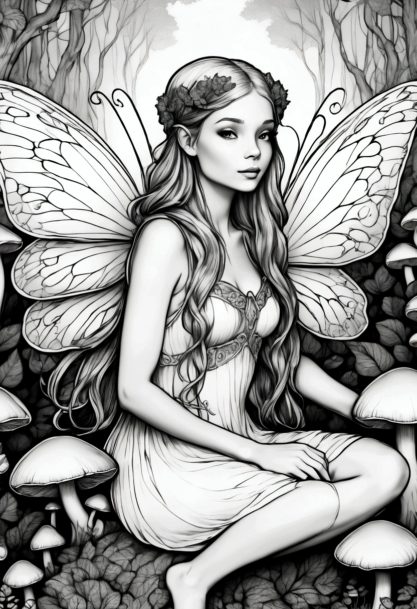 A fairy surrounded by glowing mushrooms in an enchanted forest, clean line art, white background, colouring page, clean outline