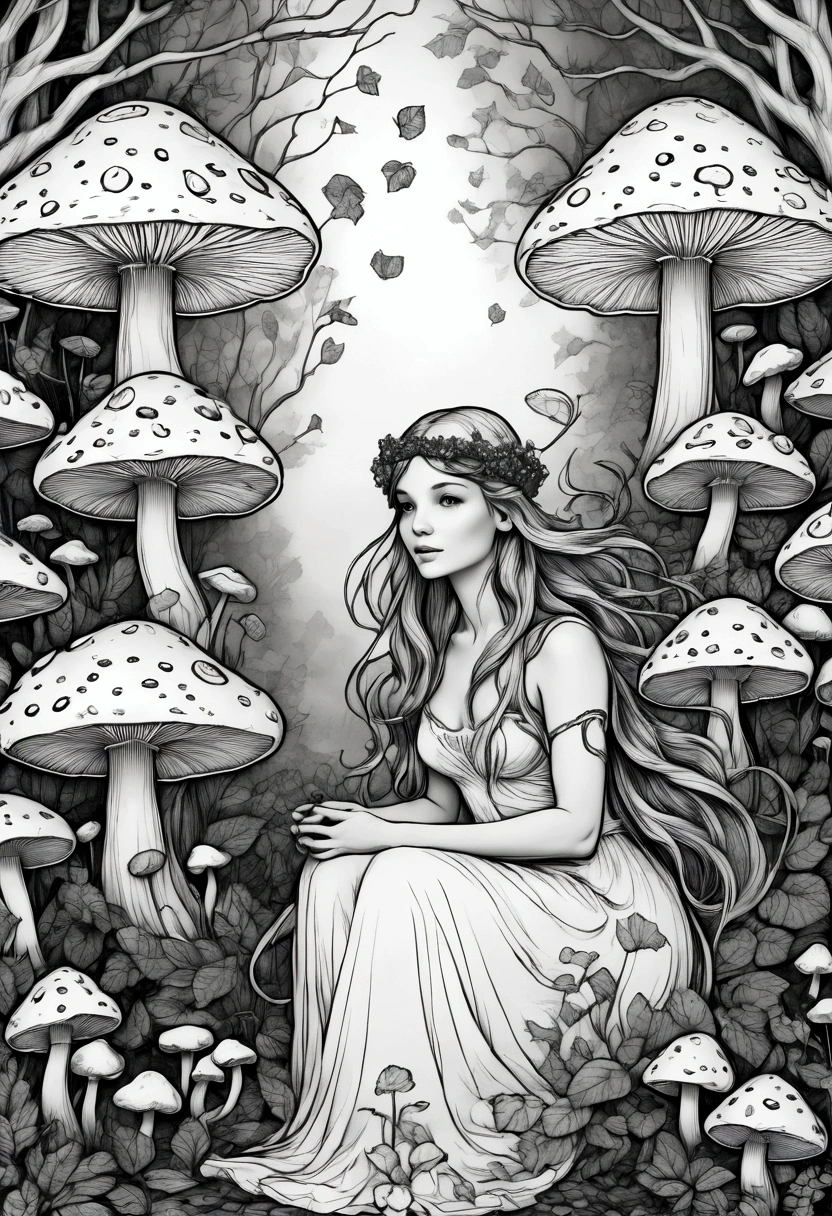 A fairy surrounded by glowing mushrooms in an enchanted forest, clean line art, white background, colouring page, clean outline