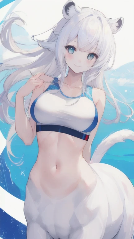 (best quality, masterpiece), 1 girl, centaur, It takes, White skin, Korean , Smiling, exposing the abdomen,Sportsbra, 아름다운 소녀 perfect white tiger photo, perfect white tiger photo