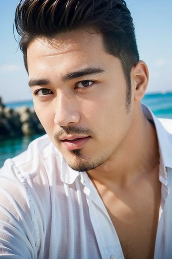Masterpiece, best quality High resolution, realistic, handsome, beautifully photographed, syahnk SFW, 35 year old portrait. (man: 1.5)  Short buzzcut hair with stubble , (too much muscle ),look at the viewer,Flirting with the camera,charming (Tight white shirt ),(GS-Masculine:1), 8K  UHD , standing in the sea