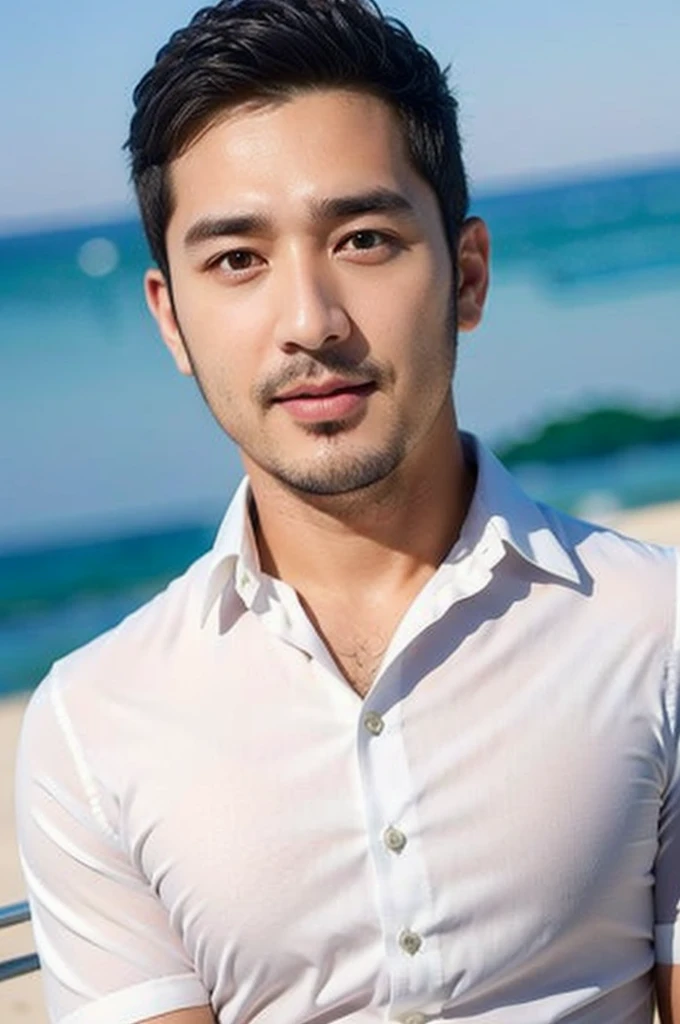 Masterpiece, best quality High resolution, realistic, handsome, beautifully photographed, syahnk SFW, 35 year old portrait. (man: 1.5) Short buzzcut hair with stubble , (too much muscle ),look at the viewer,Flirting with the camera,charming (Tight white shirt ),(GS-Masculine:1), 8K UHD , standing in the sea