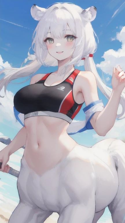 (best quality, masterpiece), 1 girl, centaur, It takes, White skin, Korean , Smiling, exposing the abdomen,Sportsbra, 아름다운 소녀 perfect white tiger photo, perfect white tiger photo