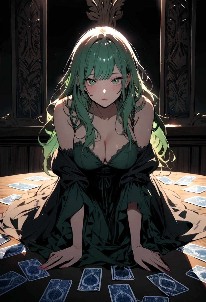 Woman sitting on table looking at camera and tarot cards