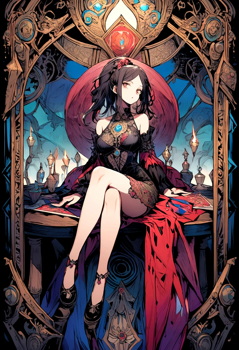Woman sitting on table looking at camera and tarot cards
