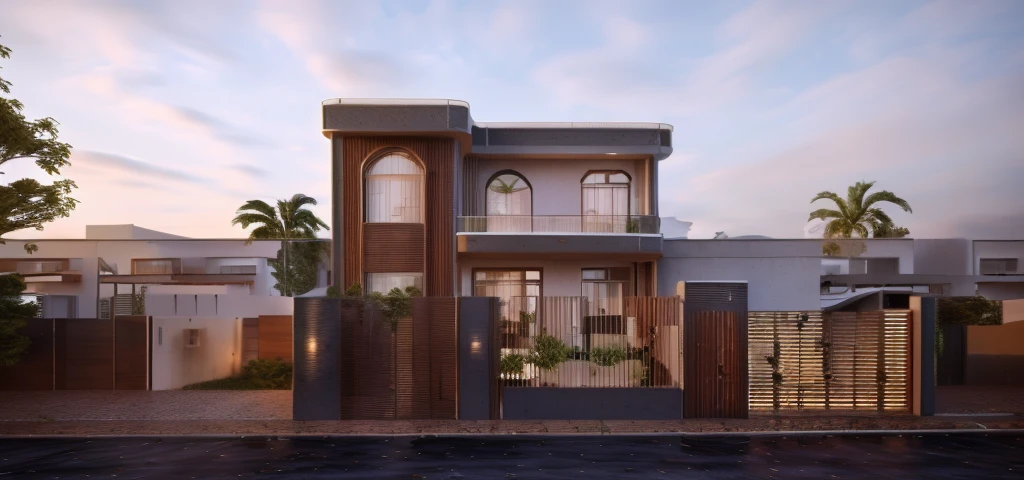 a rendering of a two story house with a gate and a fence, complete house, frontview, architectural concept, 3d rendering, 3 d rendering, exterior design, highly detailed architecture, front perspective, house on background, residential design, with 3 d render, with 3d render, architectural design, front elevation view, realistic building, front-view, Tree background