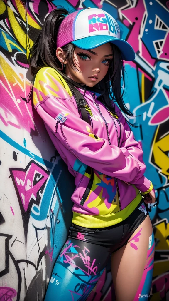 (best quality), (high detail), (vivid colors), (graffiti style), (freestyle), (Close up), (1girl), sexy female graffiti artist, spraying graffiti on a wall painted with street art, HDR, 4K, 3D, graffiti art style.
