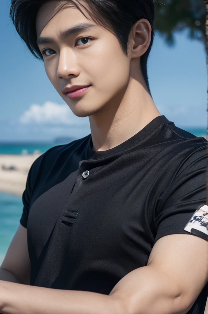 young asian man in a black polo shirt sitting on the grass with a serious expression, looking into the distance Turn your head slightly.,daytime (Create a masterpiece: 1.2),(CGI art:1.3),(realistic:1.5),(After processing:1.3), (Sharp focus:1.3), 1 man, open mouth, smile, (shirt:1.5), Navy cargo pants, Korean guy , korean men, (High gloss details), chest muscles, large arm muscles, blood vessel, Big muscles, Broad shoulders, looking at the audience, Balancing the eyes, seaside beach sunshine looking at the sea