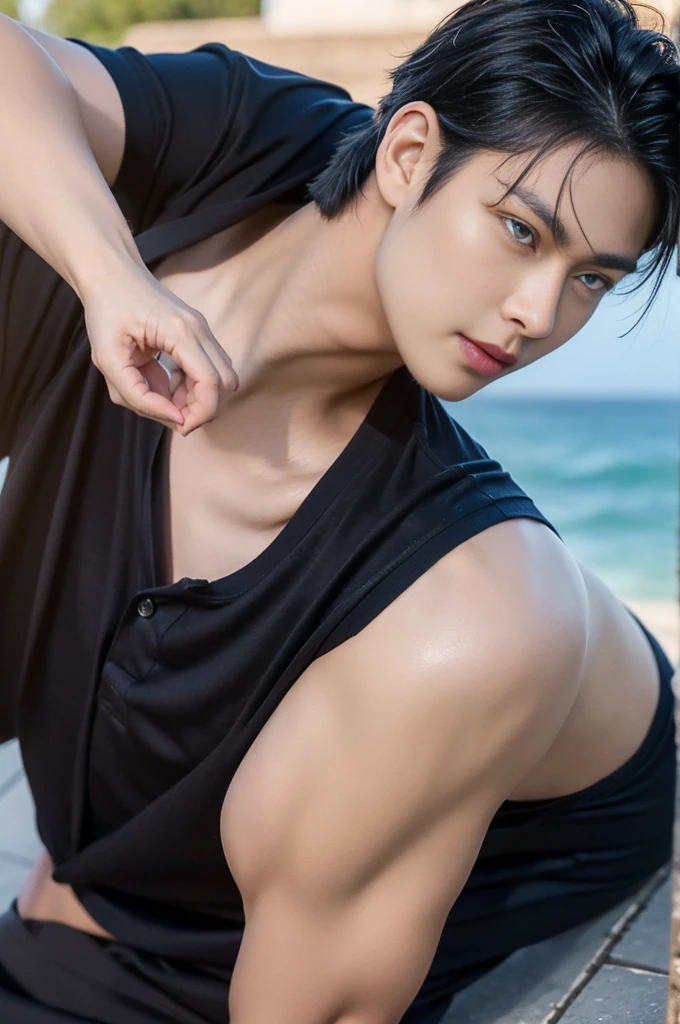 young asian man in a black polo shirt sitting on the grass with a serious expression, looking into the distance Turn your head slightly.,daytime (Create a masterpiece: 1.2),(CGI art:1.3),(realistic:1.5),(After processing:1.3), (Sharp focus:1.3), 1 man, open mouth, smile, (shirt:1.5), Navy cargo pants, Korean guy , korean men, (High gloss details), chest muscles, large arm muscles, blood vessel, Big muscles, Broad shoulders, looking at the audience, Balancing the eyes, seaside beach sunshine looking at the sea