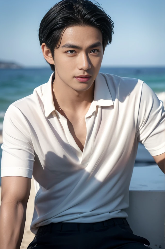 young asian man in a black polo shirt sitting on the grass with a serious expression, looking into the distance Turn your head slightly.,daytime (Create a masterpiece: 1.2),(CGI art:1.3),(realistic:1.5),(After processing:1.3), (Sharp focus:1.3), 1 man, open mouth, smile, (shirt:1.5), Navy cargo pants, Korean guy , korean men, (High gloss details), chest muscles, large arm muscles, blood vessel, Big muscles, Broad shoulders, looking at the audience, Balancing the eyes, seaside beach sunshine looking at the sea