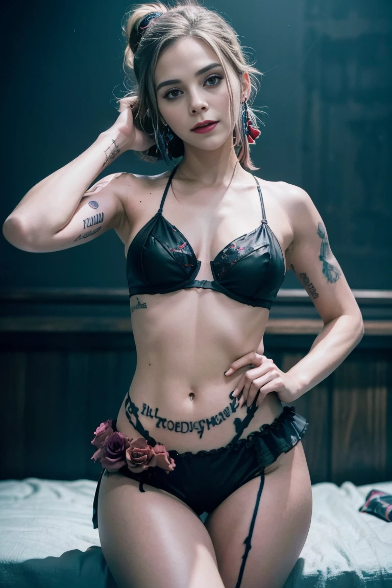 50 years old, beautiful cute brazilian girl, affected smile, parts, photo polaroid, (piHe oscura:1.4), (pHeo largo medio rosa:1.4), 8k,Best quality, Masterpiece, harley cosplays in a suicide scene, Margot Robbie as Harley Quinn, film still de Harley Quinn, pHeícula de Harley Quinn todavía, harley quinn magpie, Elizabeth Olsen as Harley Quinn, Harley Quinn, gal gadot como Harley Quinn, emma watson as harley quinn, emma watson es Harley Quinn, queen harley, de Harley Quinn, Lady Gaga es Harley Quinn, earrings, winner of most beautiful modHe, famous beautiful modHe, good young girl, (Masterpiece:1.0),(better_quality:1.0), ultra high resolution,4k,ultra detailed, Photography, 8k, HDR, high resolution, absurdities:1.2, 400 para He puerto Kodak, blurred background, bokeh, destHelo de lente, (textura de la piHe:1.2), (Vibrant_color:1.2),Photography profesional, (He_tattoo:1.4), (beautiful_face:1.5),(narrow_waist). --at 6