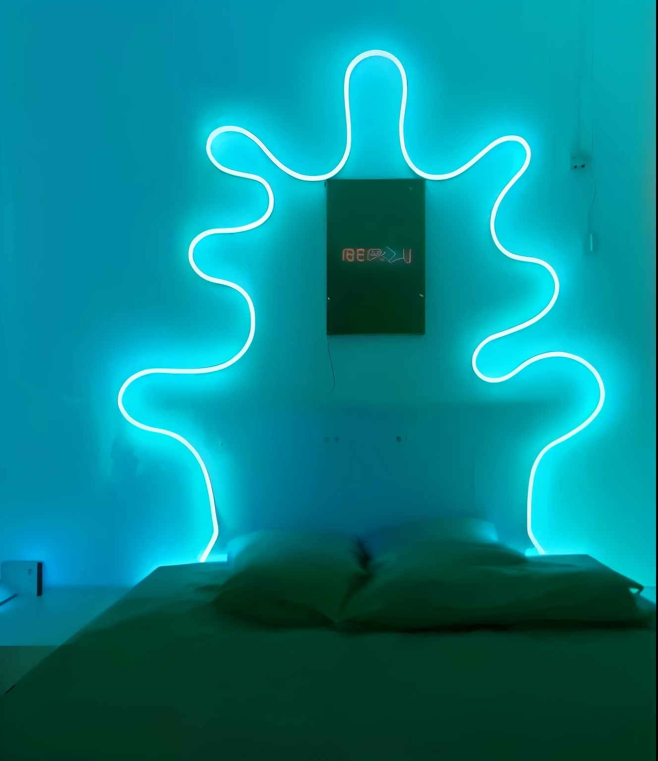 there is a bed with a neon head board and a blue wall, ghost neon, neon outline, neon accent lights, neon art, neon lamp, outline glow, neon outlines, artificial neon light, made of neon light, blue neon light, rococo cyber neon lighting, glowing thing wires, dark blue neon light, neon ambient lighting, with neon lighting