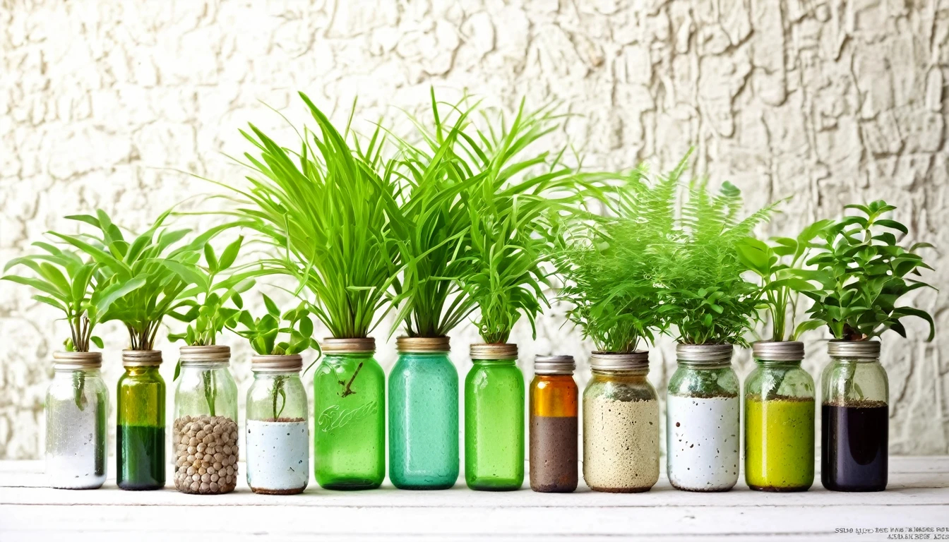 Small potted plants grown in various bottles and cans，Exquisite creativity，Environmental friendly，cute，Authentic photo texture，HD，Simple green blurred background