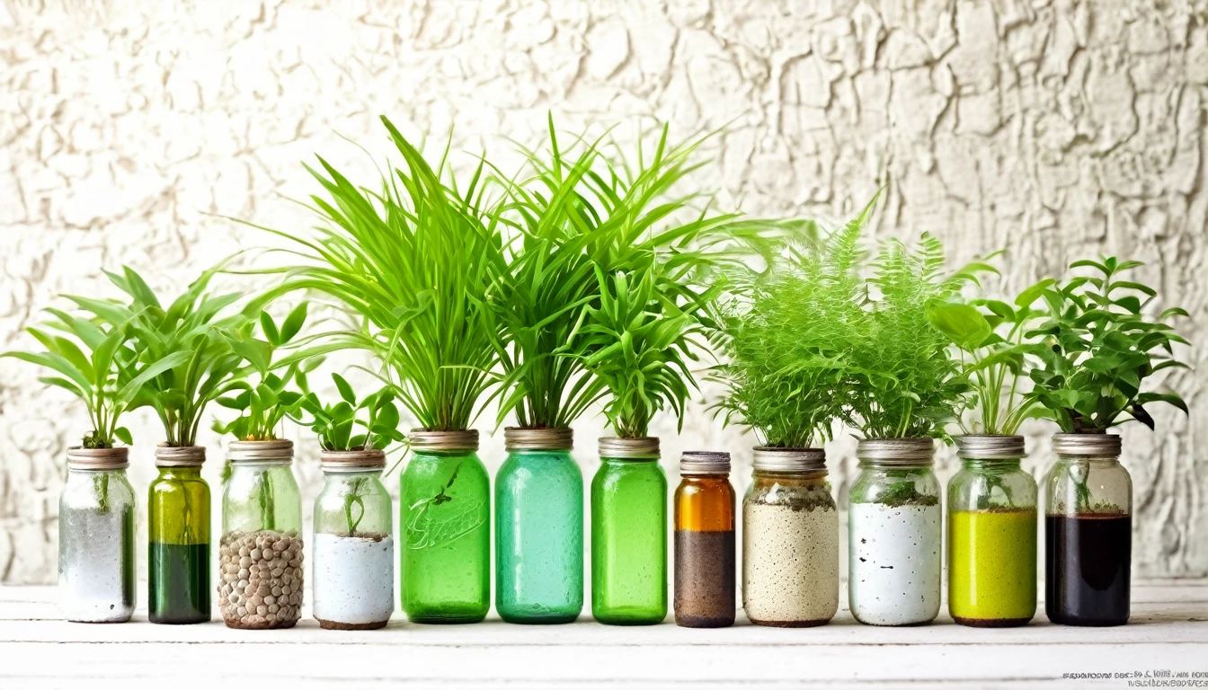 Small potted plants grown in various bottles and cans,Exquisite creativity,Environmental friendly,cute,Authentic photo texture,HD,Simple green blurred background