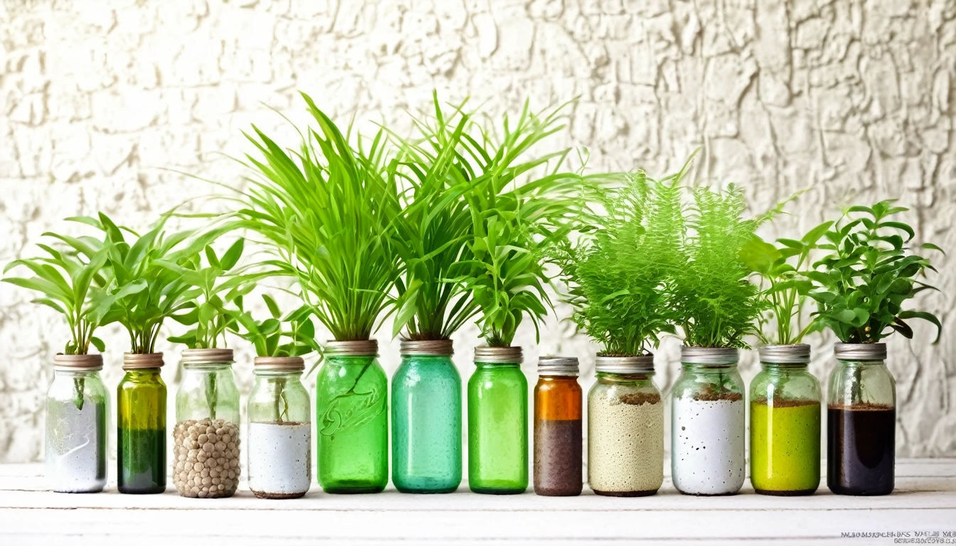 Small potted plants grown in various bottles and cans，Exquisite creativity，Environmental friendly，cute，Authentic photo texture，HD，Simple green blurred background
