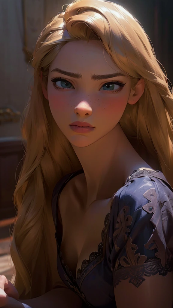 A beautiful Rapunzel with long flowing blonde hair, wearing black lace stockings, posing seductively in a sensual, oiled full-body portrait, (best quality,4k,8k,highres,masterpiece:1.2),ultra-detailed,(realistic,photorealistic,photo-realistic:1.37),detailed face, beautiful eyes, full lips, elegant expression, dramatic lighting, dark and moody color palette, cinematic composition