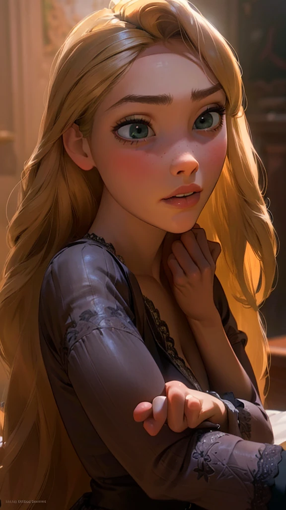 A beautiful Rapunzel with long flowing blonde hair, wearing black lace stockings, posing seductively in a sensual, oiled full-body portrait, (best quality,4k,8k,highres,masterpiece:1.2),ultra-detailed,(realistic,photorealistic,photo-realistic:1.37),detailed face, beautiful eyes, full lips, elegant expression, dramatic lighting, dark and moody color palette, cinematic composition