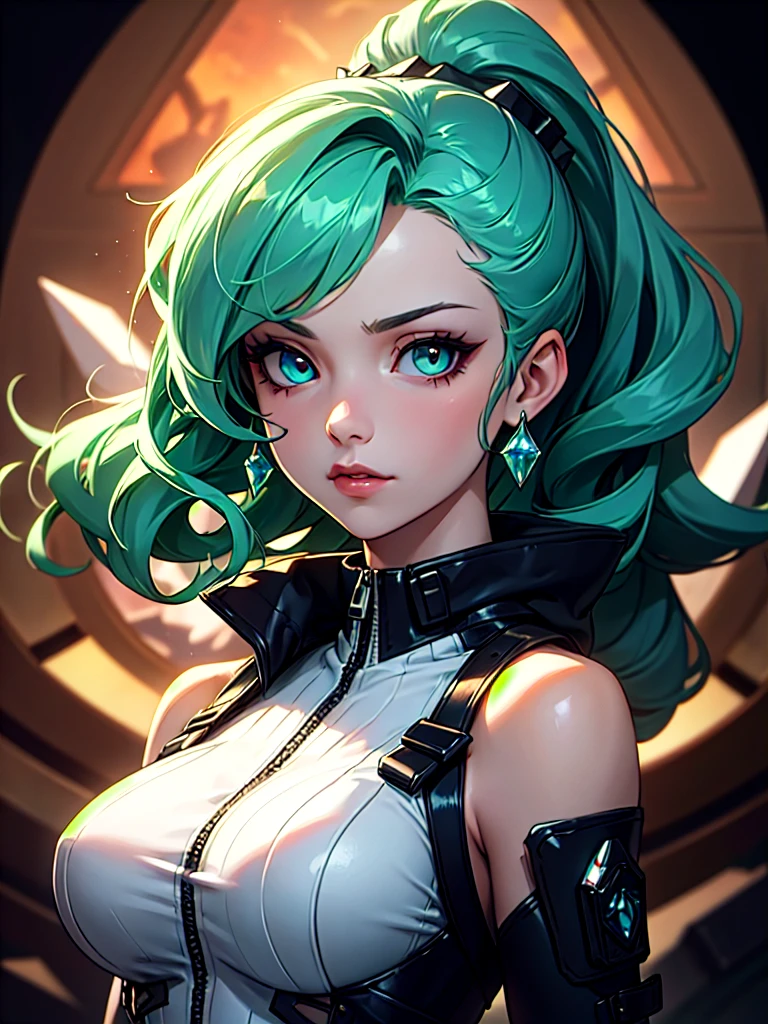 ((Portrait)), She has an Intellectual Appearance, with Crystal Green Hair, Youthful Charm, Thick Breasts, Pale Skin, and a Slim Build. She Expresses a Serious and Intelligent Look, Giving Off a Regal Attitude. She has Bright Turquoise Eyes, and Her Hair is Long and Wavy, Crystal Green, Tied in a Large High Ponytail, with Long Strands Falling Over Her Forehead. She Wears a High-Cut Sleeveless Bodysuit, with a High Neck, Zippers and Buckles, and Tight Tactical Straps, Emphasizing Her Thick Breasts. ((Portrait, HDR, Dark Background))