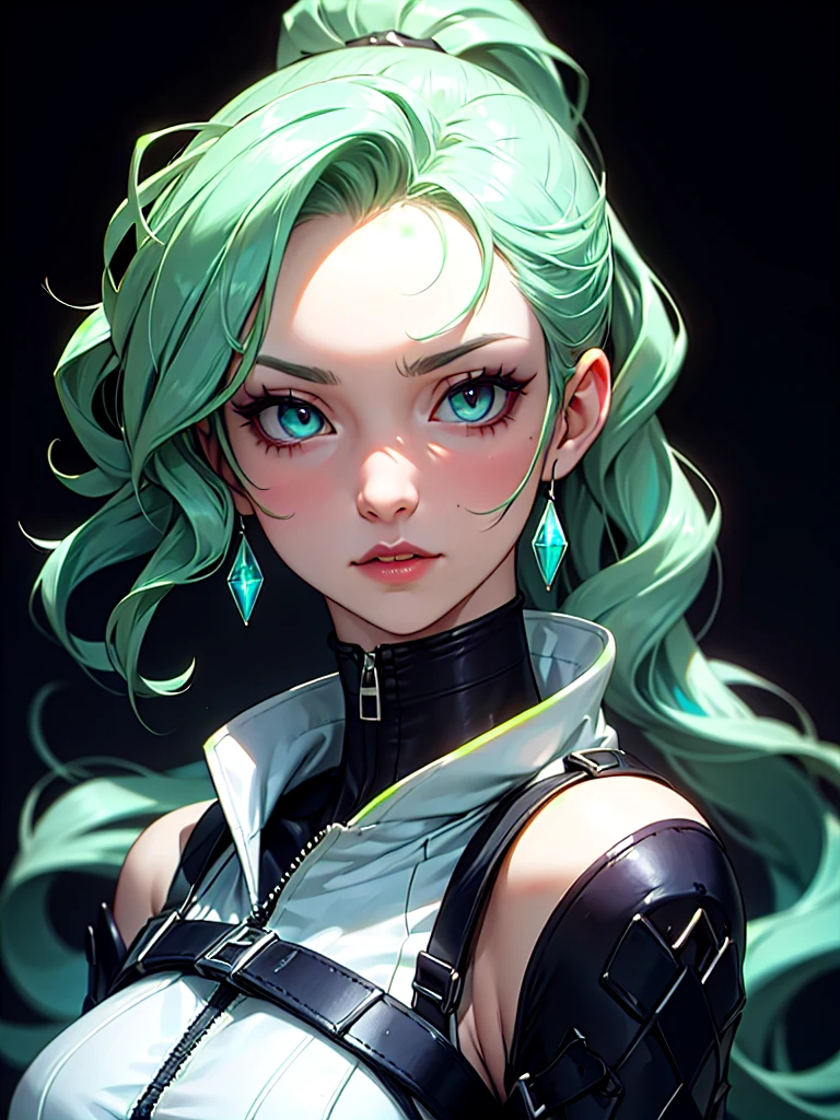 ((Portrait)), She has an Intellectual Appearance, with Crystal Green Hair, Youthful Charm, Thick Breasts, Pale Skin, and a Slim Build. She Expresses a Serious and Intelligent Look, Giving Off a Regal Attitude. She has Bright Turquoise Eyes, and Her Hair is Long and Wavy, Crystal Green, Tied in a Large High Ponytail, with Long Strands Falling Over Her Forehead. She Wears a High-Cut Sleeveless Bodysuit, with a High Neck, Zippers and Buckles, and Tight Tactical Straps, Emphasizing Her Thick Breasts. ((Portrait, HDR, Dark Background))