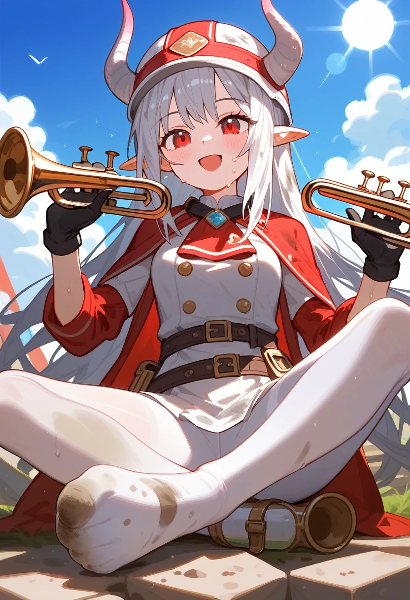 Fraction_9,Fraction_8_Direction_7_up,1 Girl,Mudstone (Ark of Tomorrow),dirty,foot,Gloves，White tights,helmet,trumpet,Sole,Red Eyes,赤foot,Pointed ears,breast,Solitary,Long hair,White hair,black Gloves,foot趾,cap,foot部焦点,Looking at the audience,sit,Sweat,Open your mouth,dirty foot,Keep,outdoor,sky空,Bangs,Oral disease damage (Ark of Tomorrow),sky,Smile,blush,demon trumpet,Infection monitors (Ark of Tomorrow),shorten,sun,